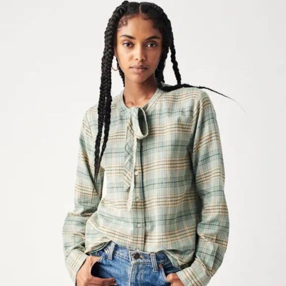 Faherty blue and green plaid button down long sleeve shirt w neck tie Sz small - Picture 5 of 11